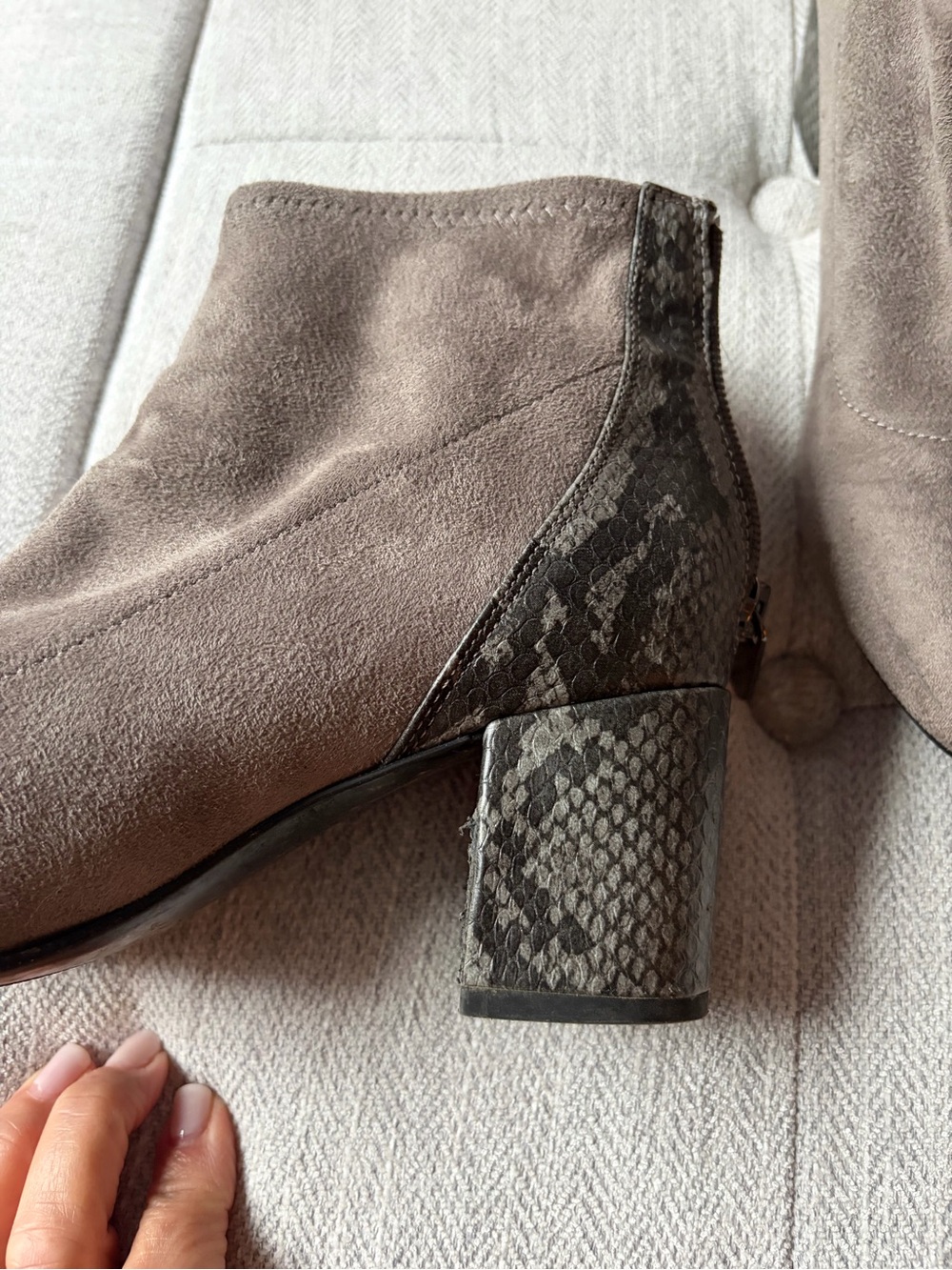 Grey Suede Ankle Boots with Snake-Print Heel